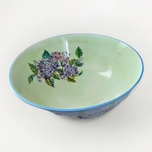 ZRIKE‎ Hydrangea Hand Painted Dragonfly Deep Ceramic 13" Serving Bowl Vintage